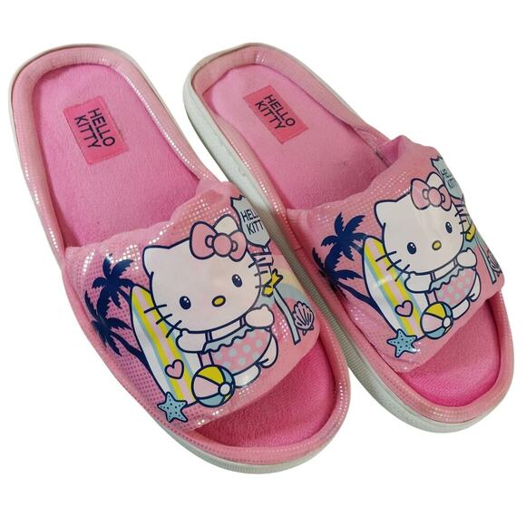 Hello Kitty Shoes - HELLO KITTY! PINK PADDED, KITTY AT THE BEACH GRAPHIC, DOTTED SLIPPERS! SZ L 8-10